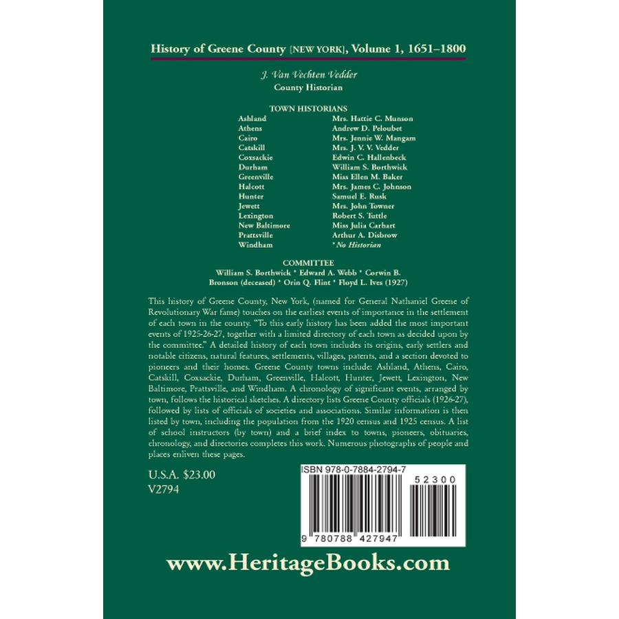 History of Greene County [New York], Volume 1, 1651-1800 back cover