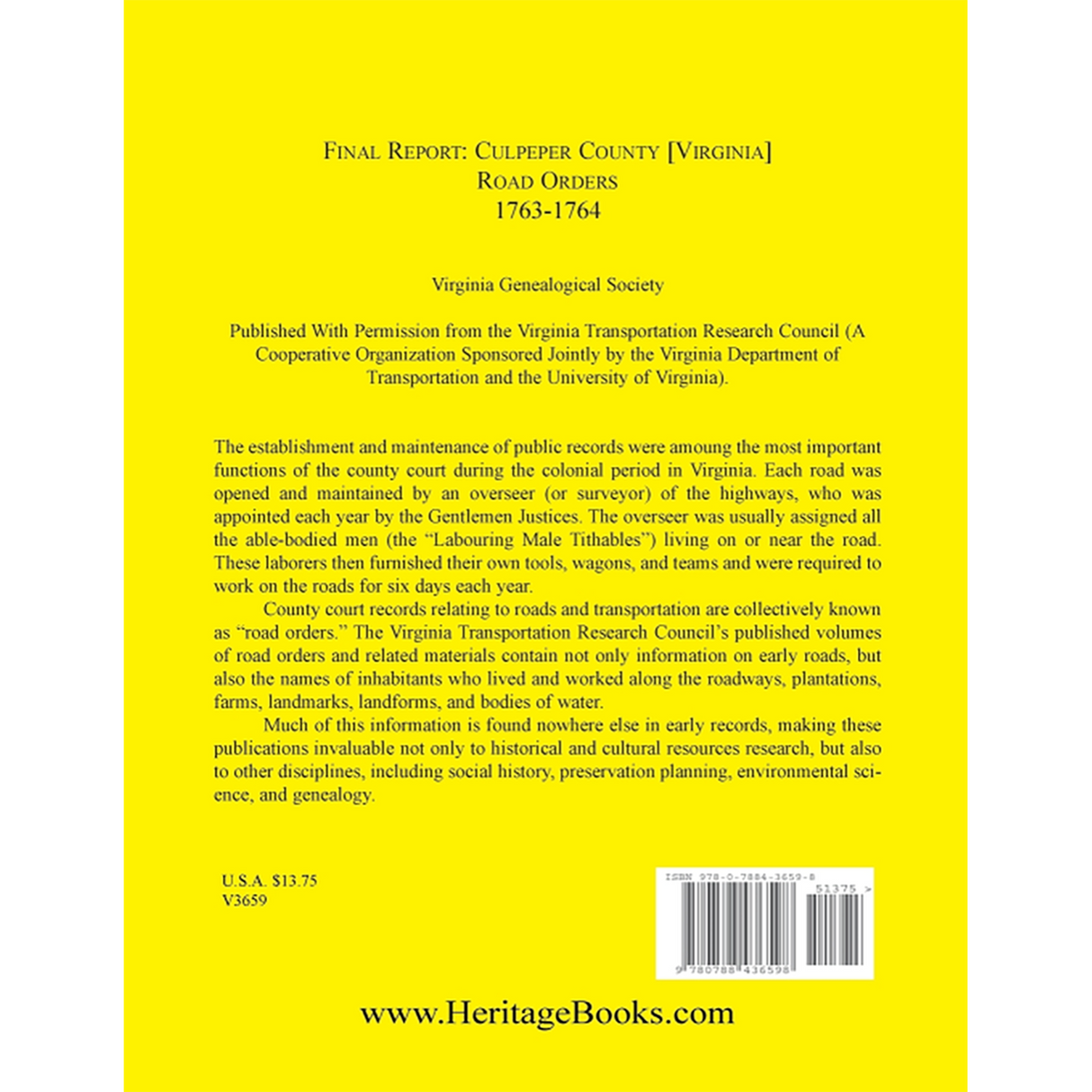 Final Report: Culpeper County [Virginia] Road Orders, 1763-1764 back cover