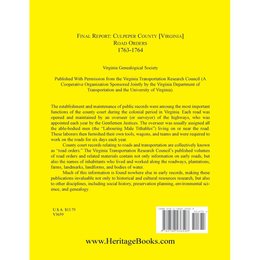 Final Report: Culpeper County [Virginia] Road Orders, 1763-1764 back cover
