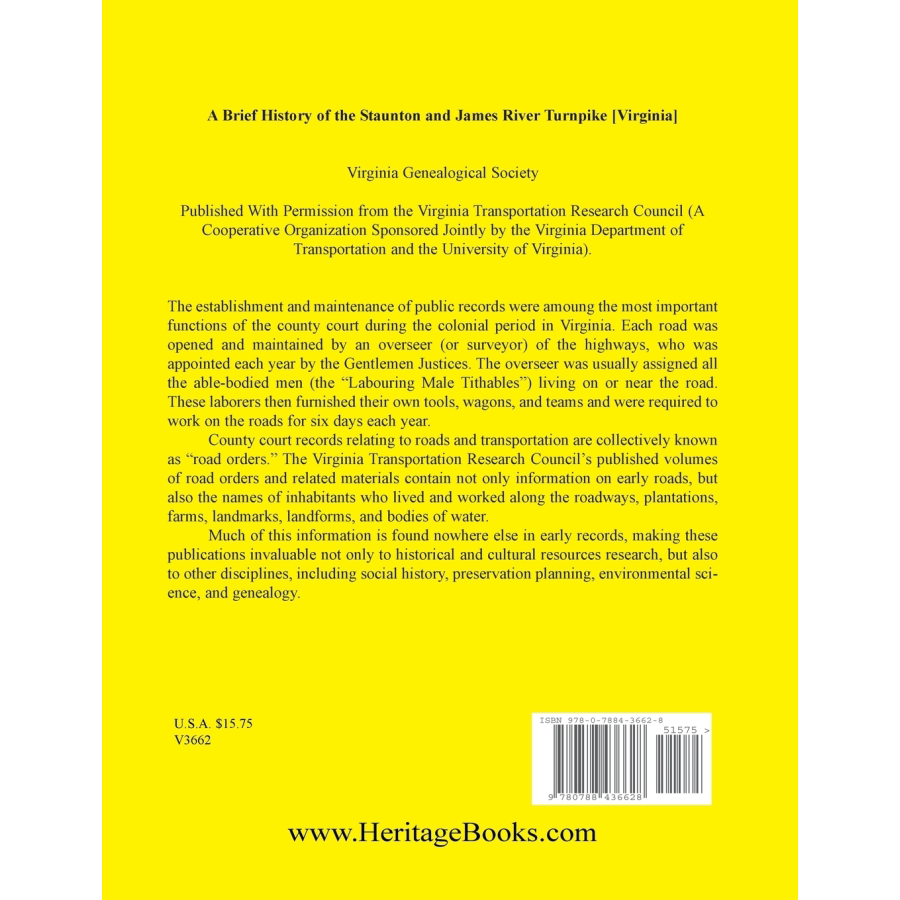 A Brief History of the Staunton and James River Turnpike [Virginia] back cover
