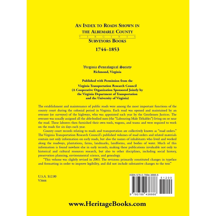 An Index to Roads Shown in the Albemarle County Surveyors Books, 1744-1853 back cover
