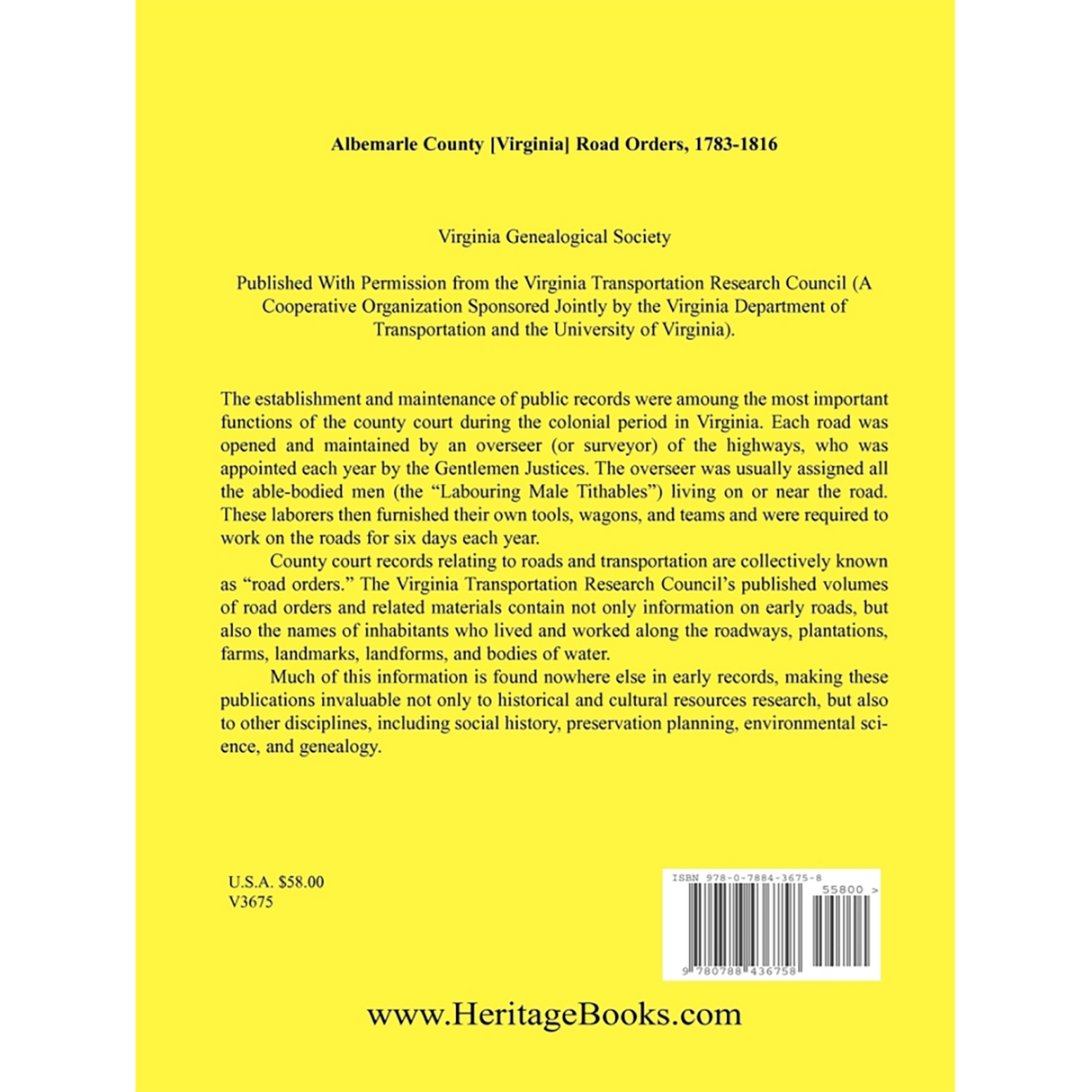 Albemarle County [Virginia] Road Orders, 1783-1816 back cover