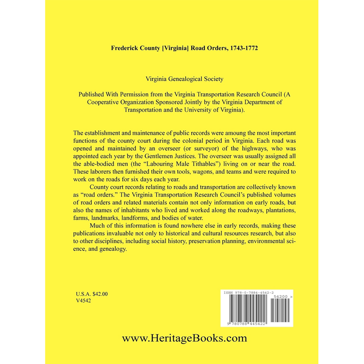 Frederick County, Virginia Road Orders, 1743-1772 back cover