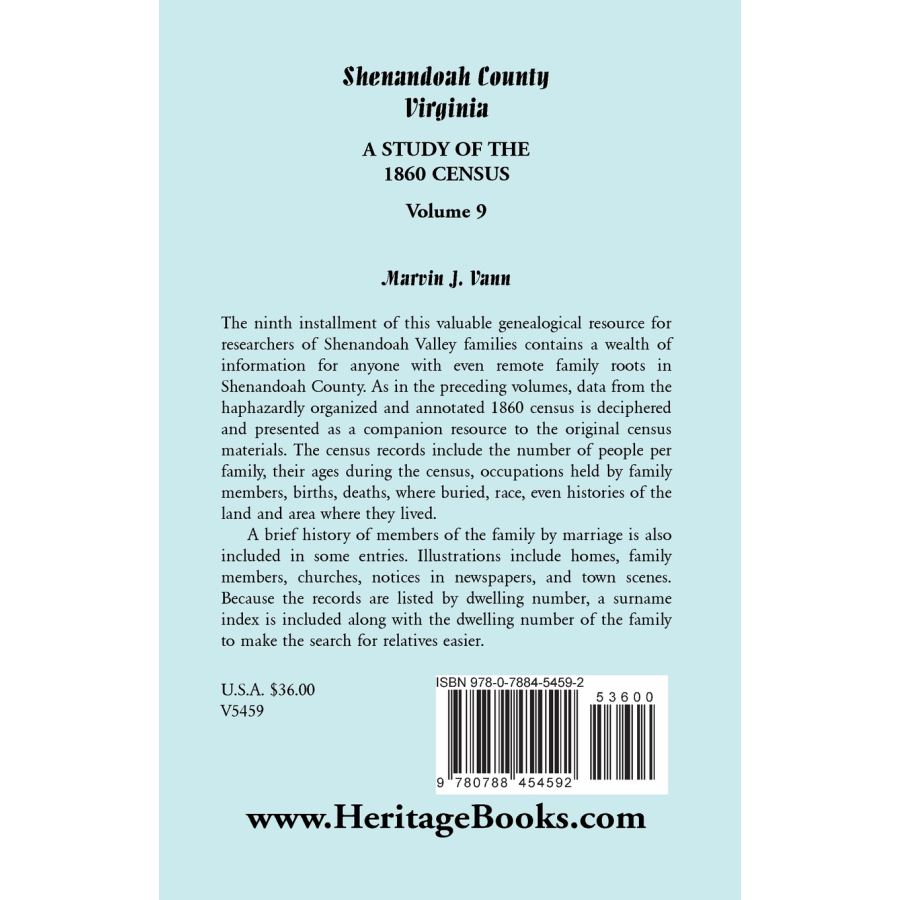 Shenandoah County, Virginia: A Study of the 1860 Census, Volume 9 back cover