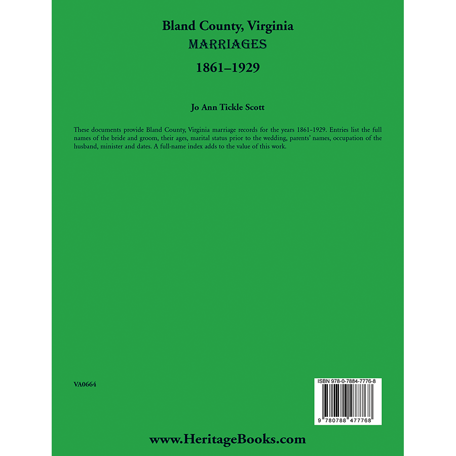 back cover of Bland County, Virginia Marriages, Volume 1, 1861-1929