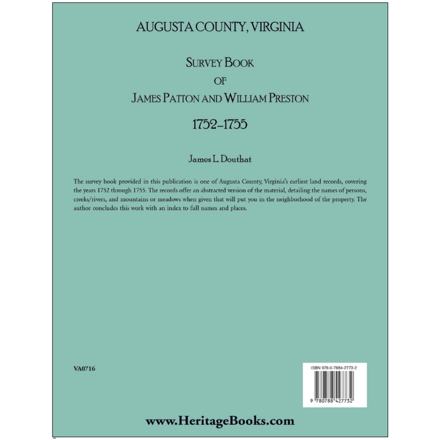 back cover of Augusta County, Virginia Survey Book of James Patton and William Preston, 1752-1755