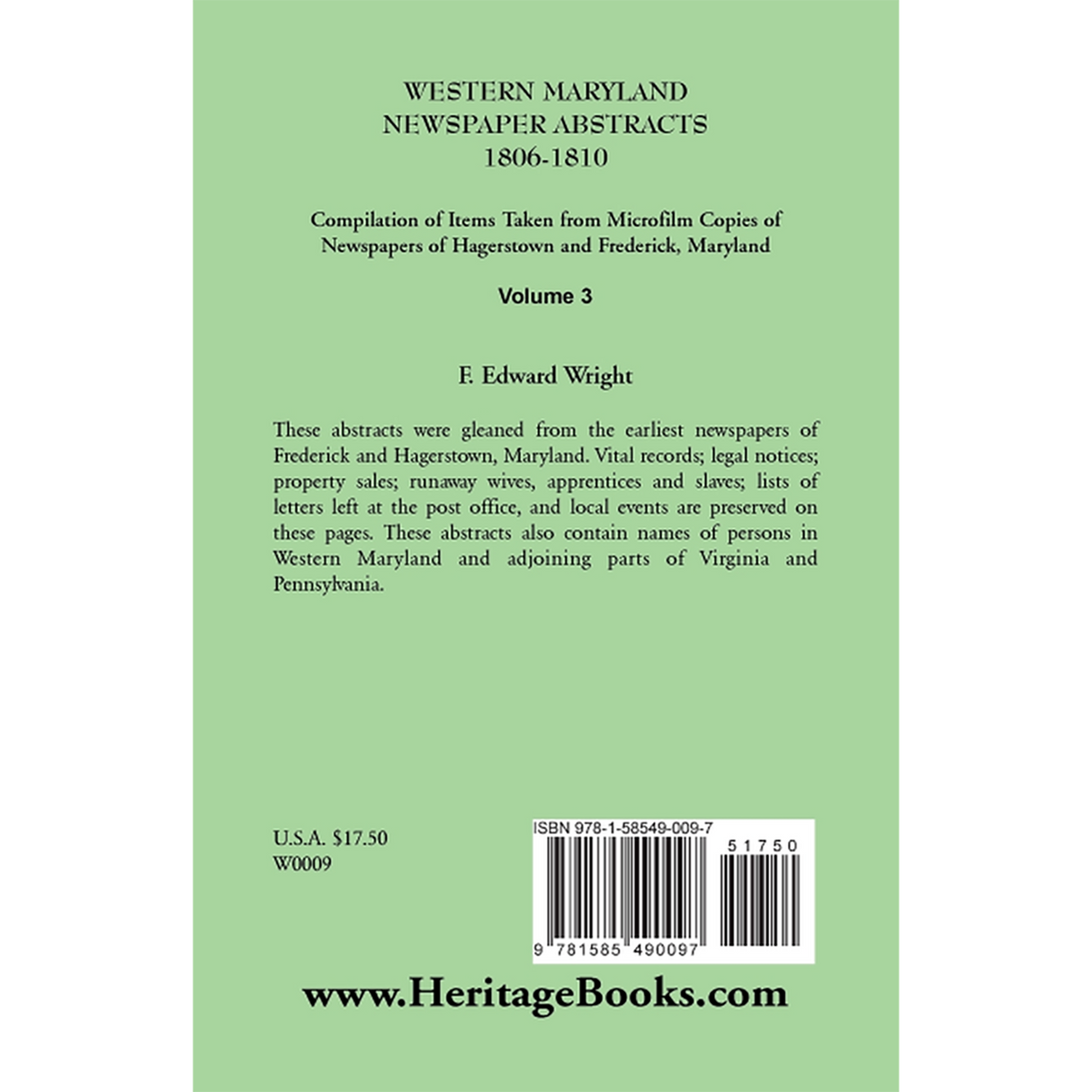 Western Maryland Newspaper Abstracts, Volume 3: 1806-1810 back cover