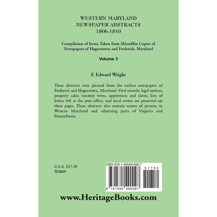 Western Maryland Newspaper Abstracts, Volume 3: 1806-1810 back cover