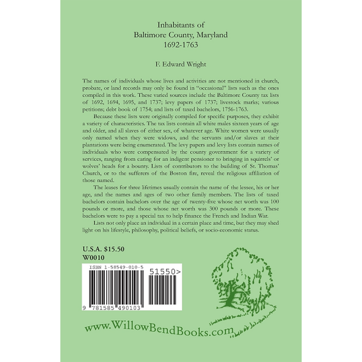 Inhabitants of Baltimore County, Maryland, 1692-1763 back cover