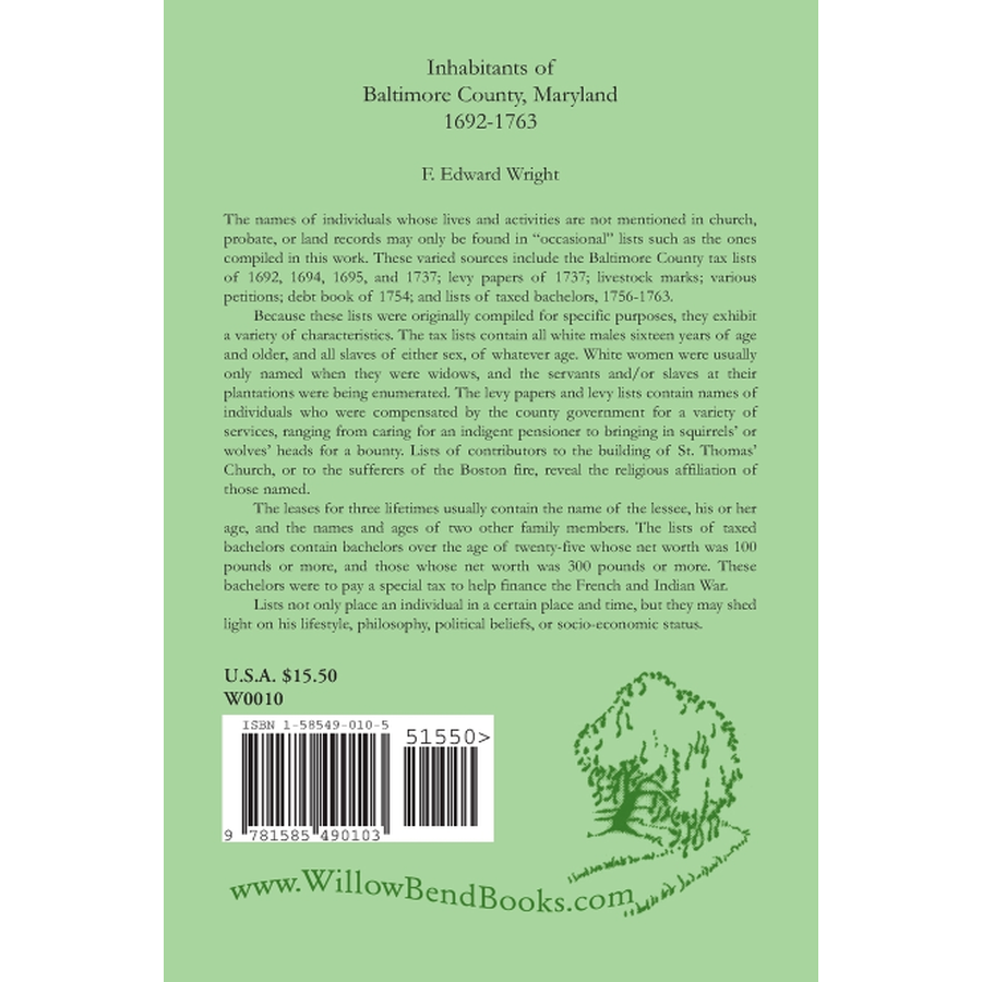 Inhabitants of Baltimore County, Maryland, 1692-1763 back cover
