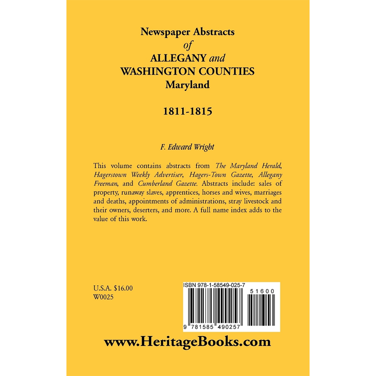 Newspaper Abstracts of Allegany and Washington Counties, Maryland, 1811-1815 back cover