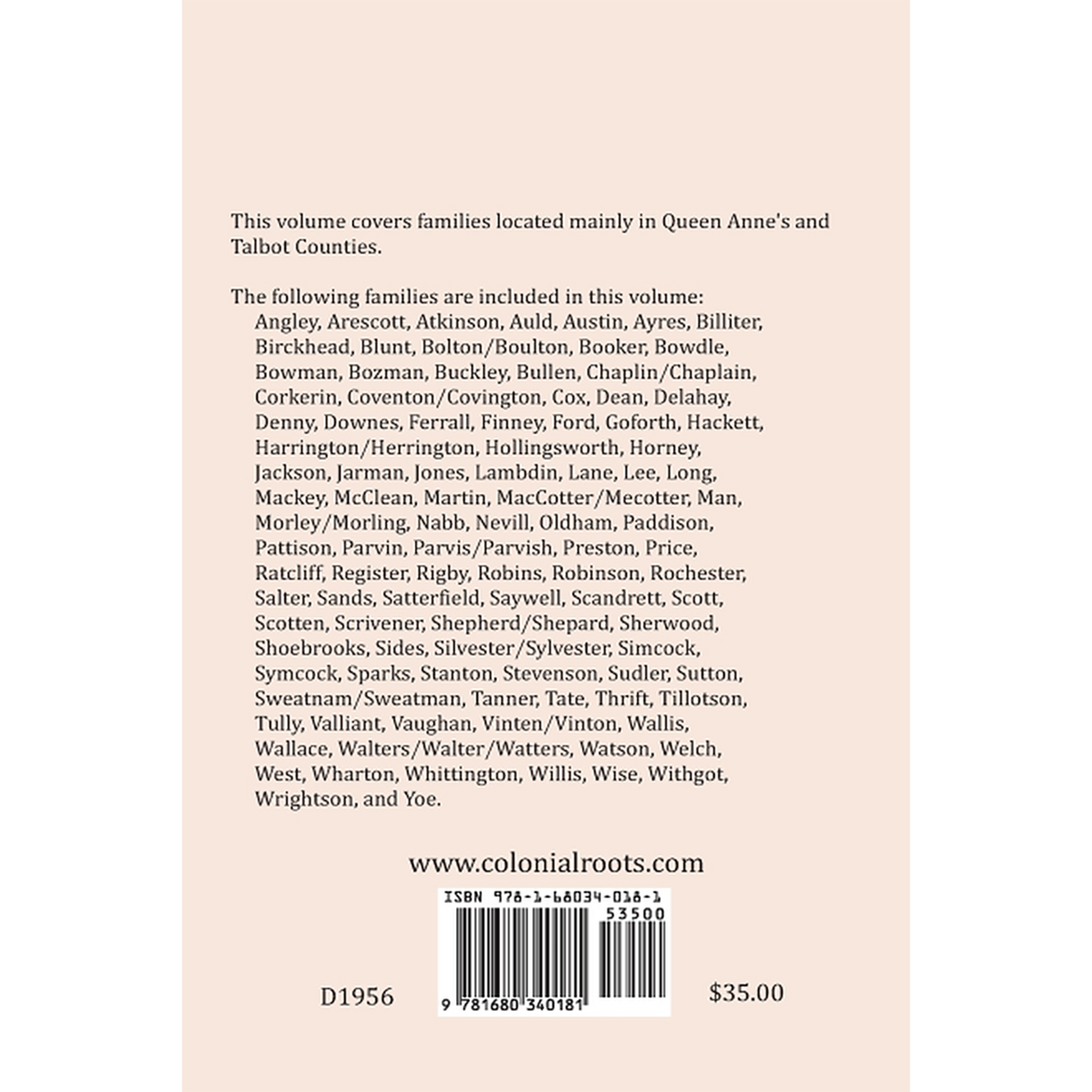 Colonial Families of the Eastern Shore of Maryland, Volume 5 back cover