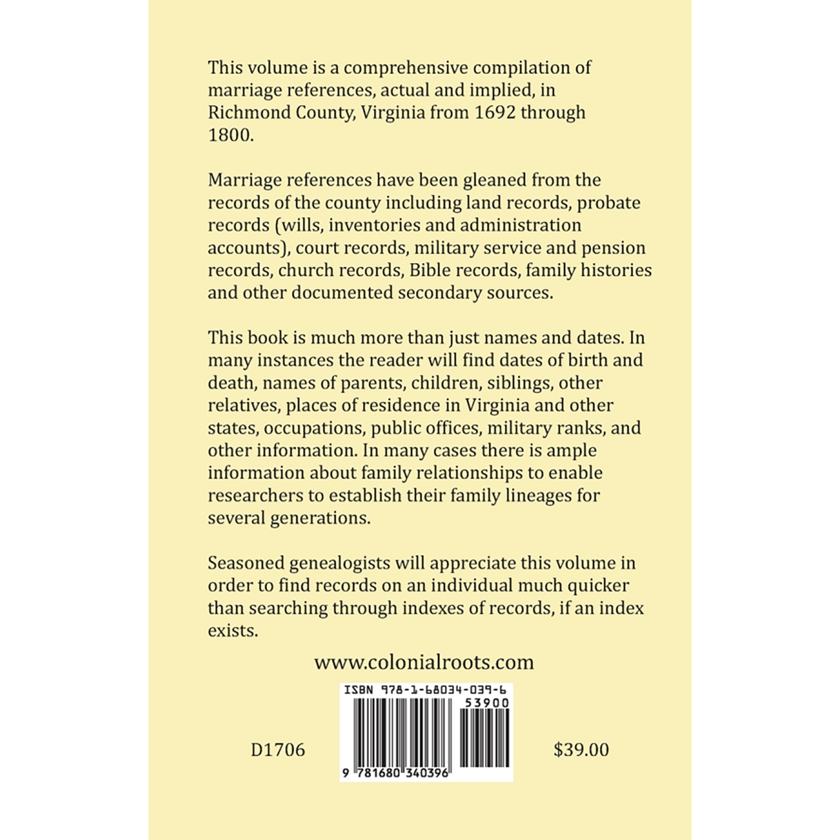 Richmond County, Virginia Marriage References and Family Relationships, 1692-1800 back cover
