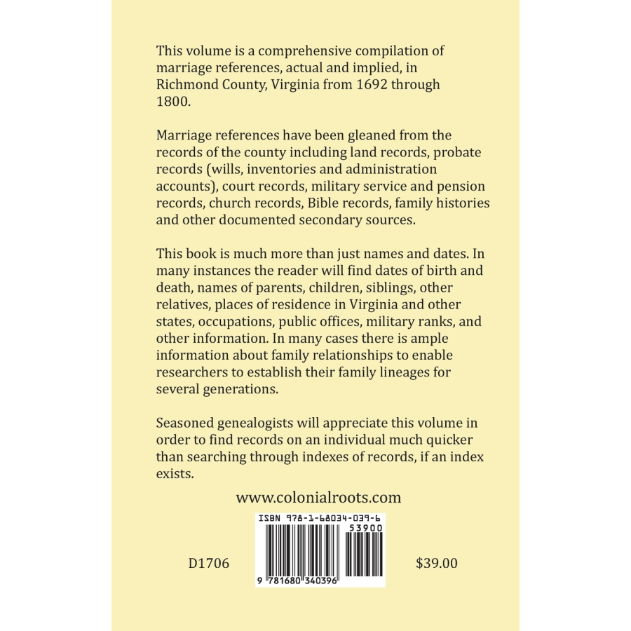 Richmond County, Virginia Marriage References and Family Relationships, 1692-1800 back cover