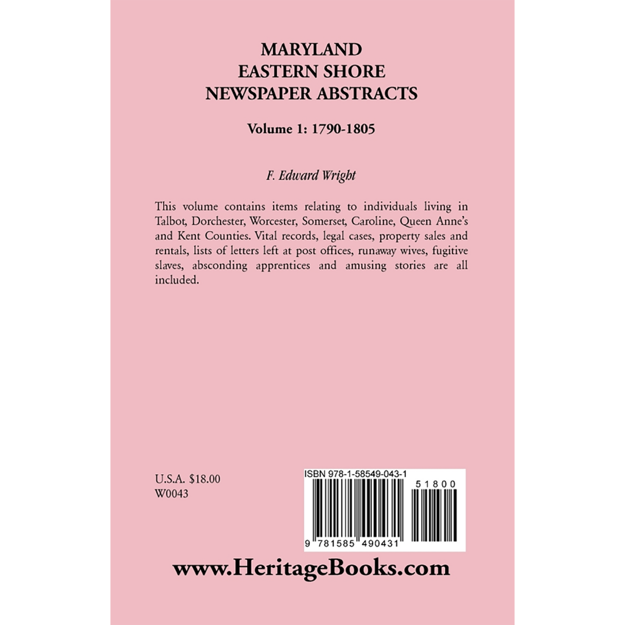 Maryland Eastern Shore Newspaper Abstracts, Volume 1: 1790-1805 back cover