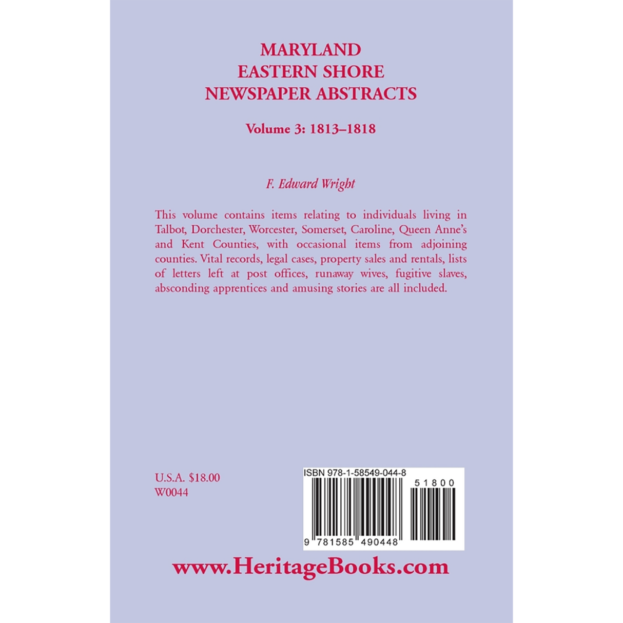 Maryland Eastern Shore Newspaper Abstracts, Volume 3: 1813-1818 back cover