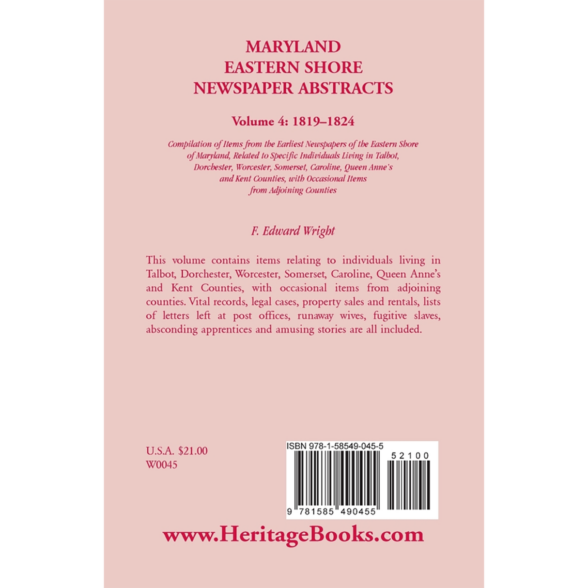 Maryland Eastern Shore Newspaper Abstracts, Volume 4: 1819-1824 back cover