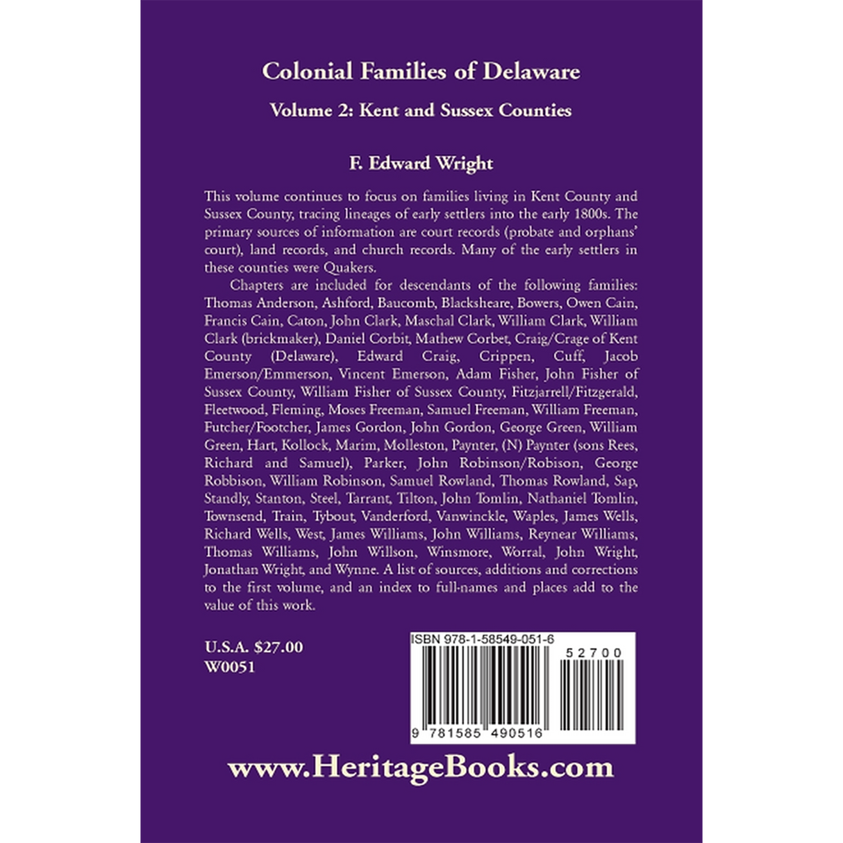 Colonial Families of Delaware, Volume 2: Kent and Sussex Counties back cover