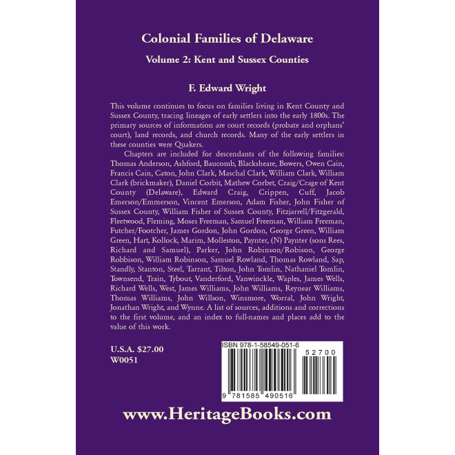 Colonial Families of Delaware, Volume 2: Kent and Sussex Counties back cover