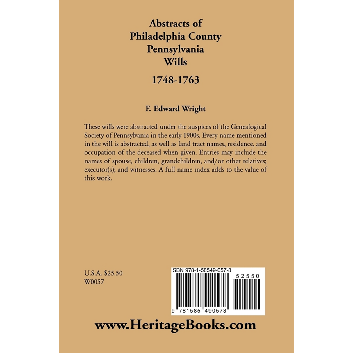 Abstracts of Philadelphia County, Pennsylvania Wills, 1748-1763 back cover