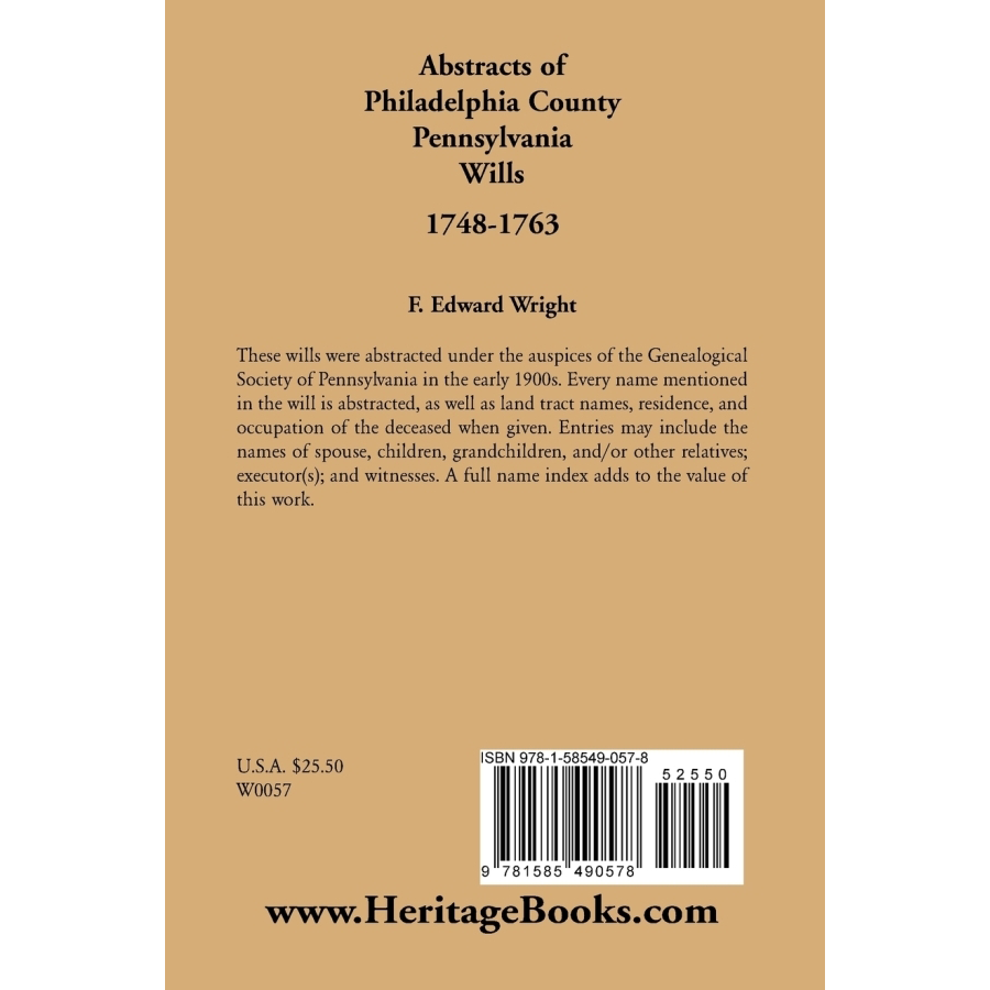 Abstracts of Philadelphia County, Pennsylvania Wills, 1748-1763 back cover