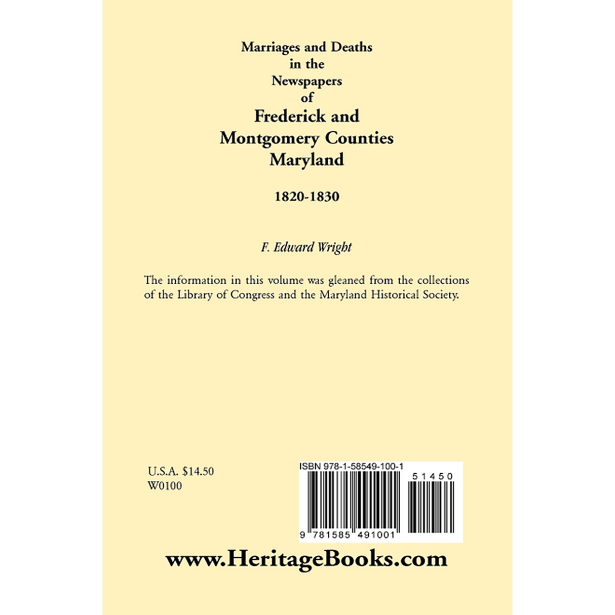 Marriages and Deaths in the Newspapers of Frederick and Montgomery Counties, Maryland, 1820-1830 back cover