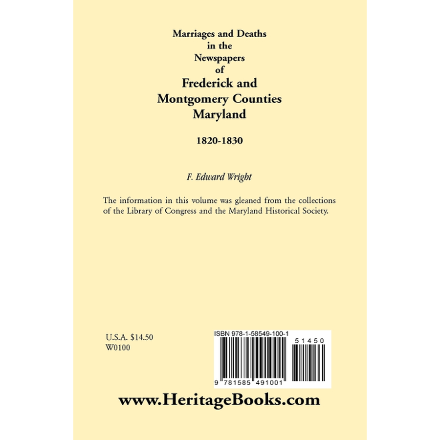 back cover of Marriages and Deaths in the Newspapers of Frederick and Montgomery Counties, Maryland, 1820-1830