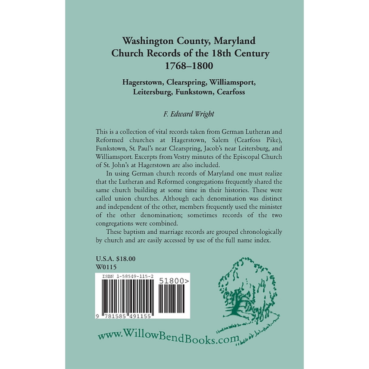 Washington County [Maryland] Church Records of the 18th Century, 1768-1800 back cover