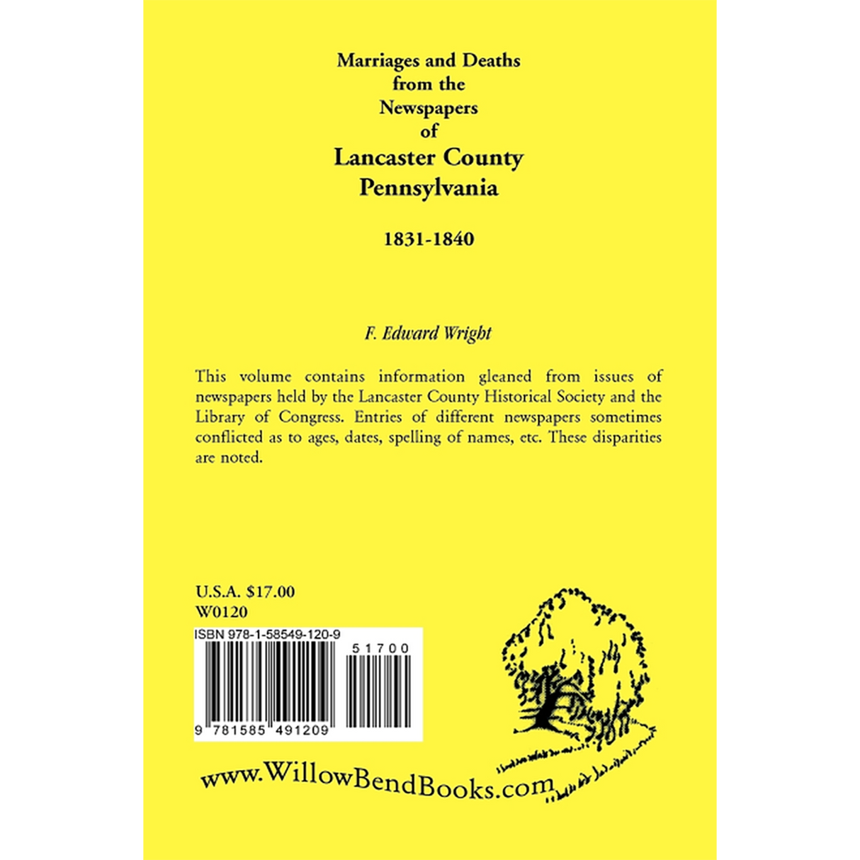 Marriages and Deaths in the Newspapers of Lancaster County, Pennsylvania, 1831-1840 back cover