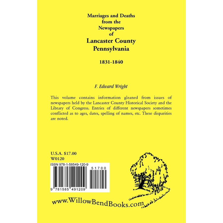 back cover of Marriages and Deaths in the Newspapers of Lancaster County, Pennsylvania, 1831-1840