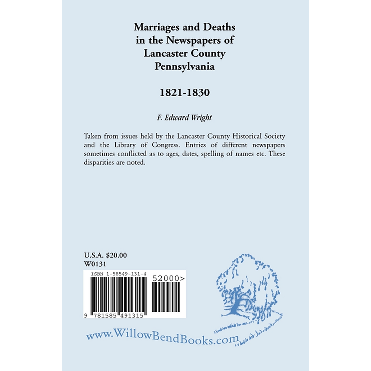 Marriages and Deaths in the Newspapers of Lancaster County, Pennsylvania, 1821-1830 back cover