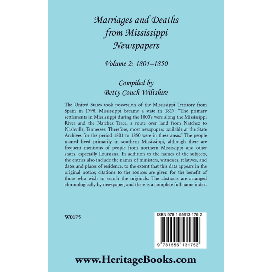 Marriages and Deaths from Mississippi Newspapers, Volume 2: 1801-1850 back cover