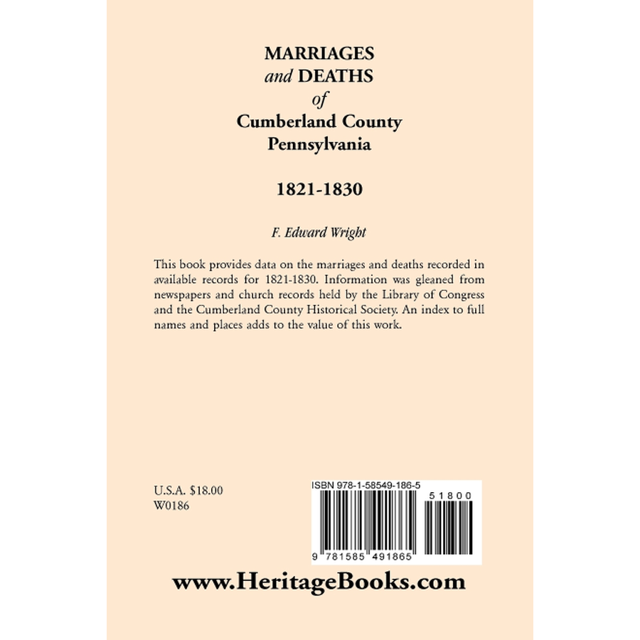 back cover of Marriages and Deaths of Cumberland County, [Pennsylvania], 1821-1830