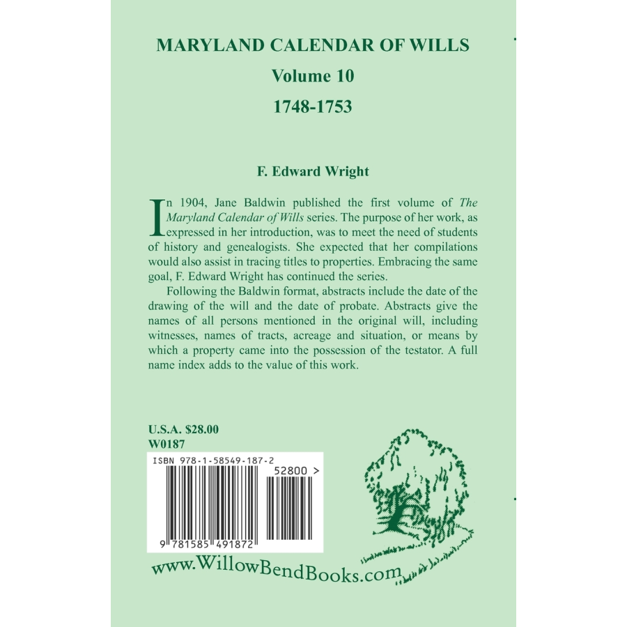 Maryland Calendar of Wills, Volume 10: 1748-1753 back cover