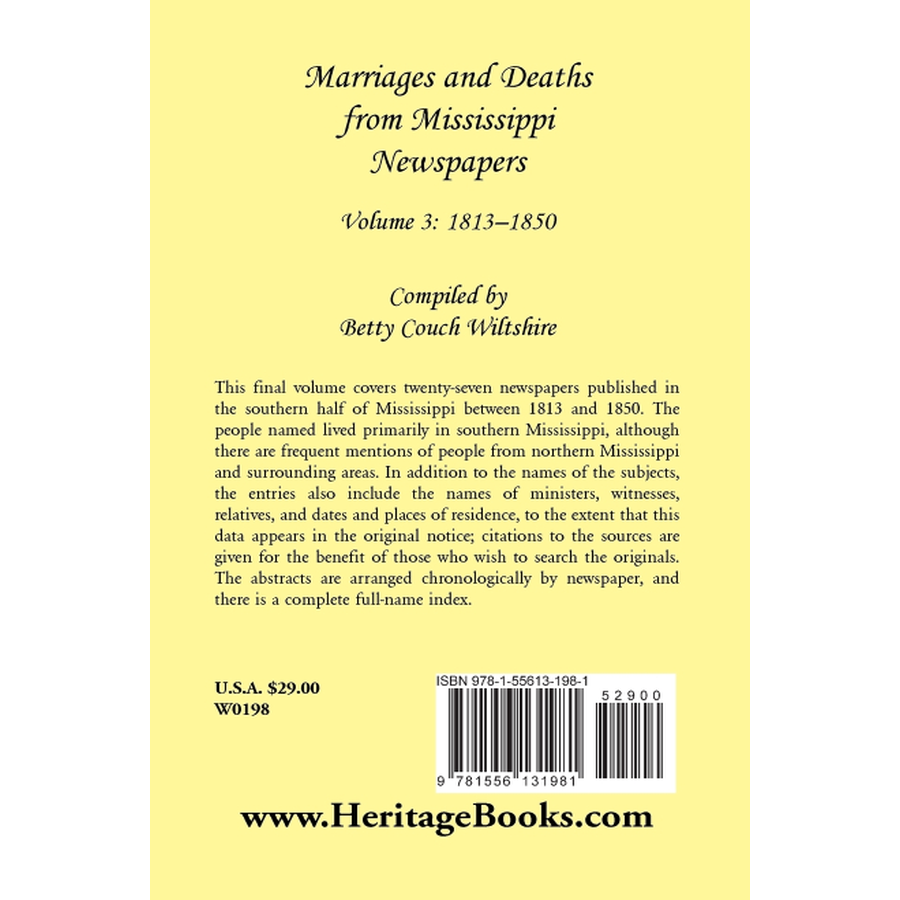 back cover of Marriages and Deaths from Mississippi Newspapers, Volume 3, 1813-1850