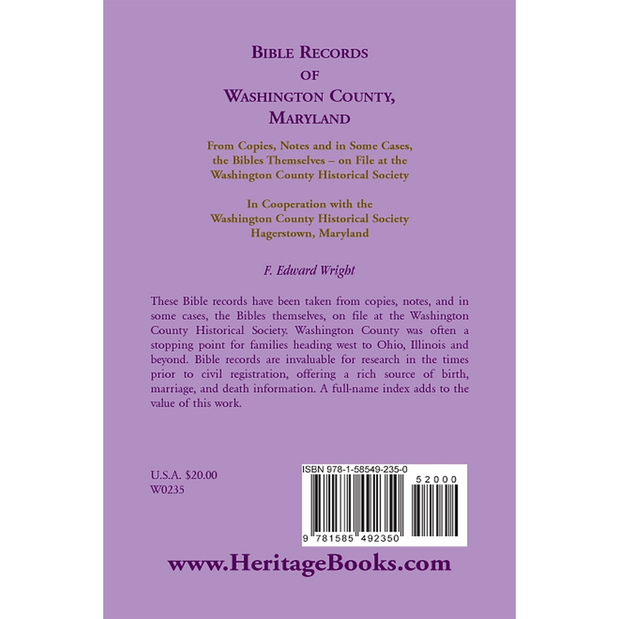 Bible Records of Washington County, Maryland back cover