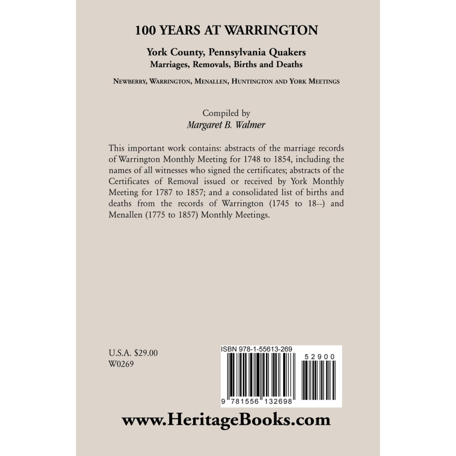 back cover of 100 Years at Warrington: York County, Pennsylvania, Quaker Marriages, Removals, Births and Deaths
