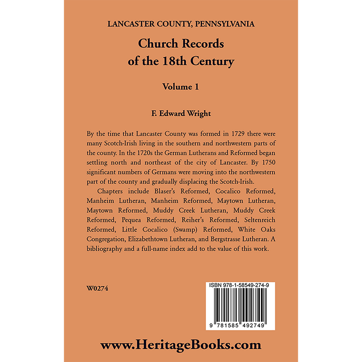 Lancaster County, Pennsylvania Church Records of the 18th Century, Volume 1 back cover