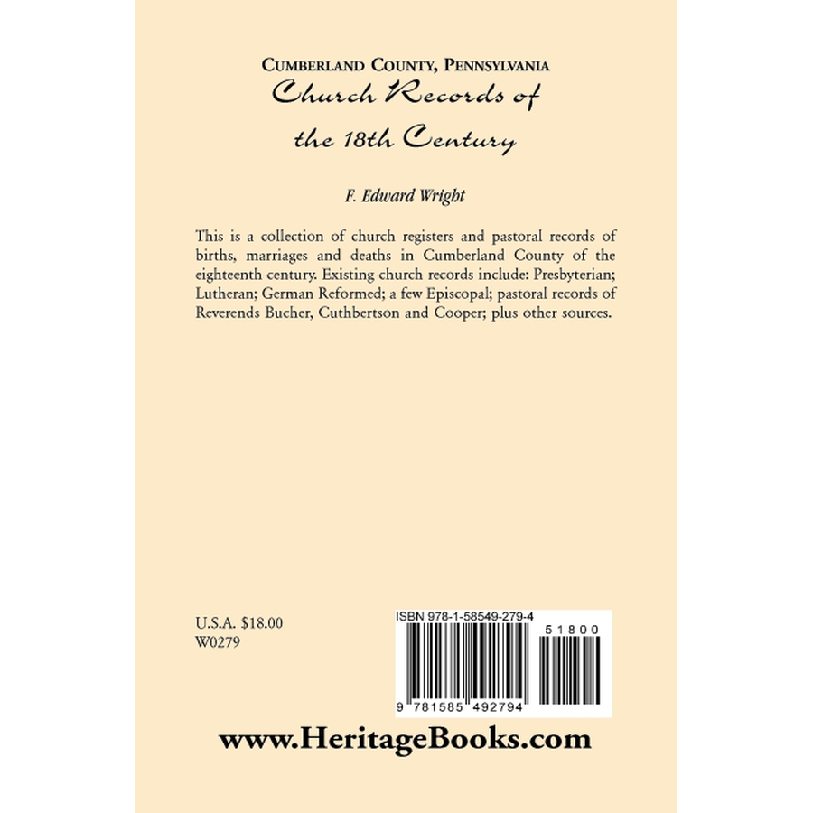 Cumberland County, Pennsylvania, Church Records of the 18th Century back cover