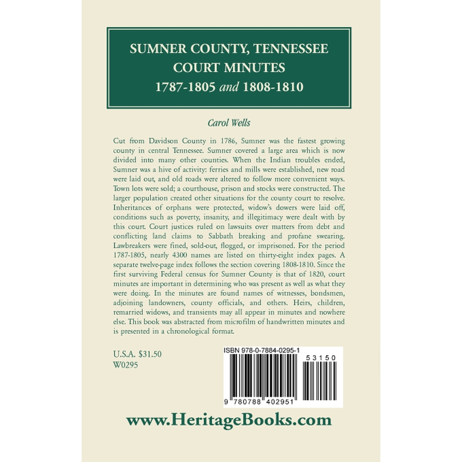 back cover of Sumner County, Tennessee, Court Minutes, 1787-1805 and 1808-1810