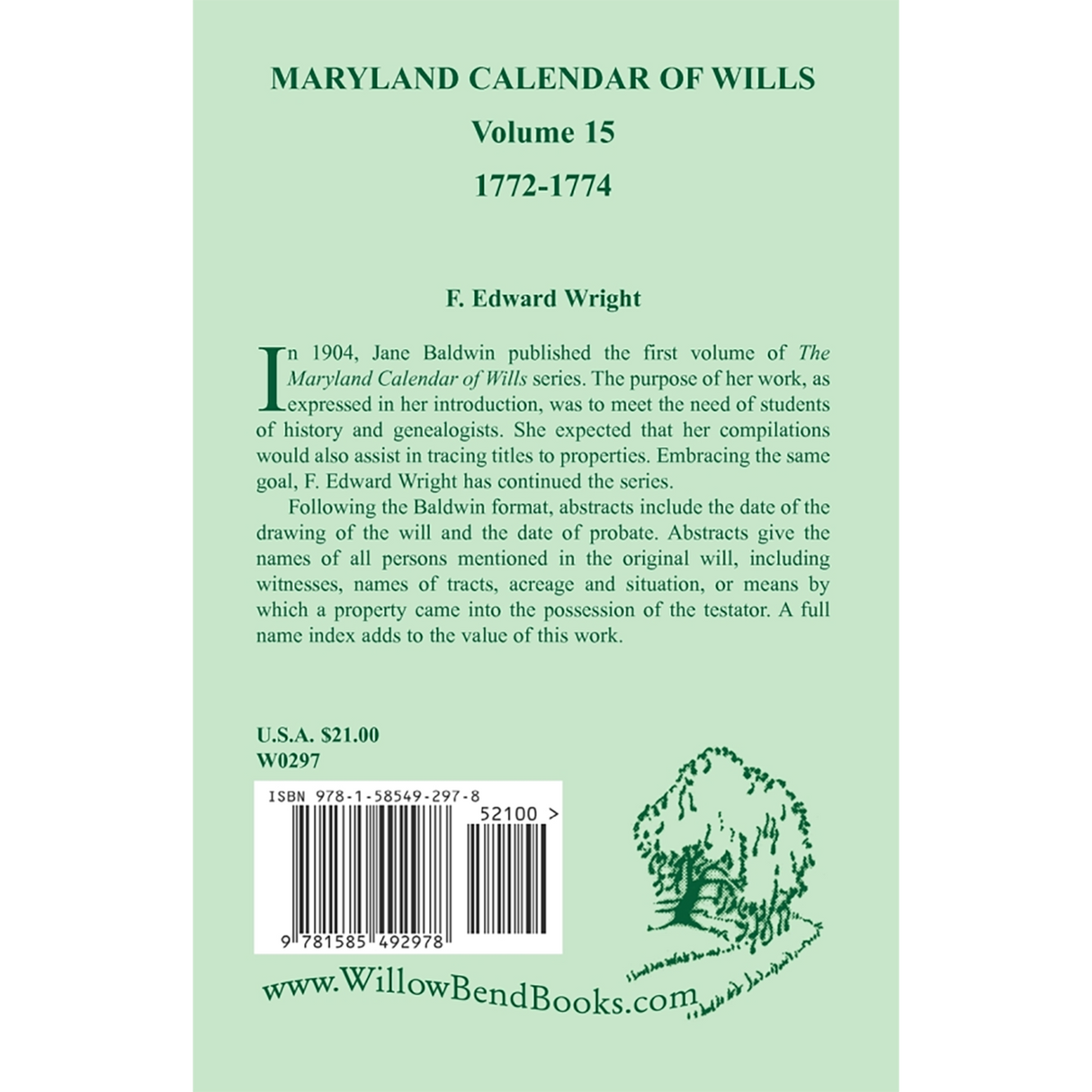 Maryland Calendar of Wills, Volume 15: 1772-1774 back cover