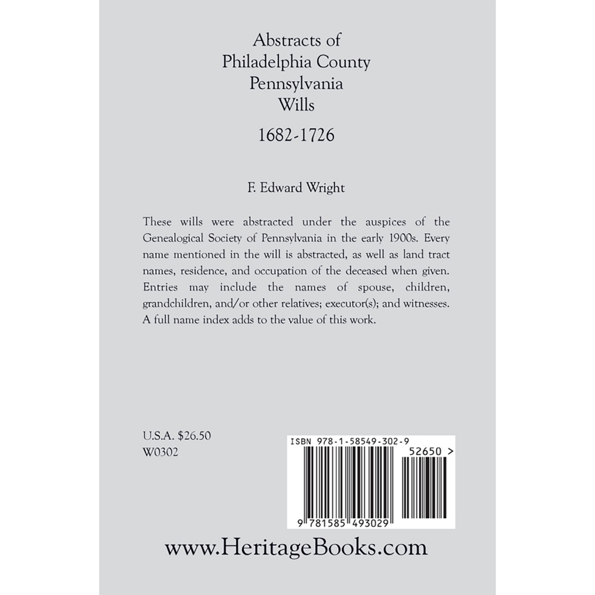 Abstracts of Philadelphia County, Pennsylvania Wills, 1682-1726 back cover