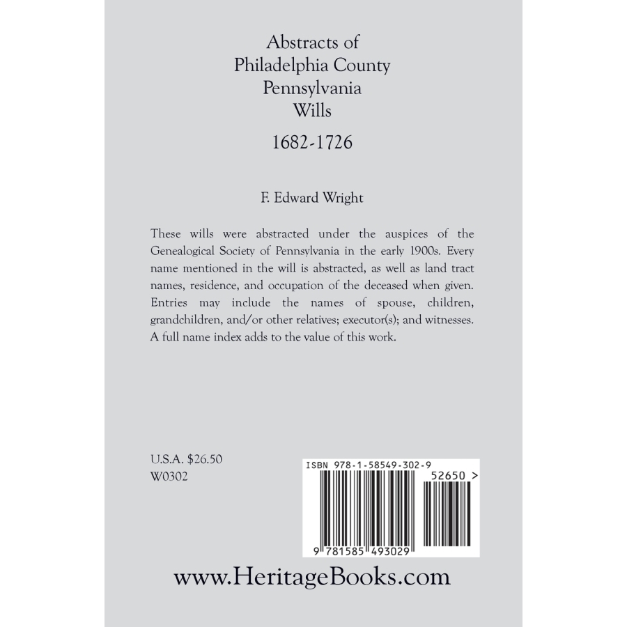 back cover of Abstracts of Philadelphia County, Pennsylvania Wills, 1682-1726