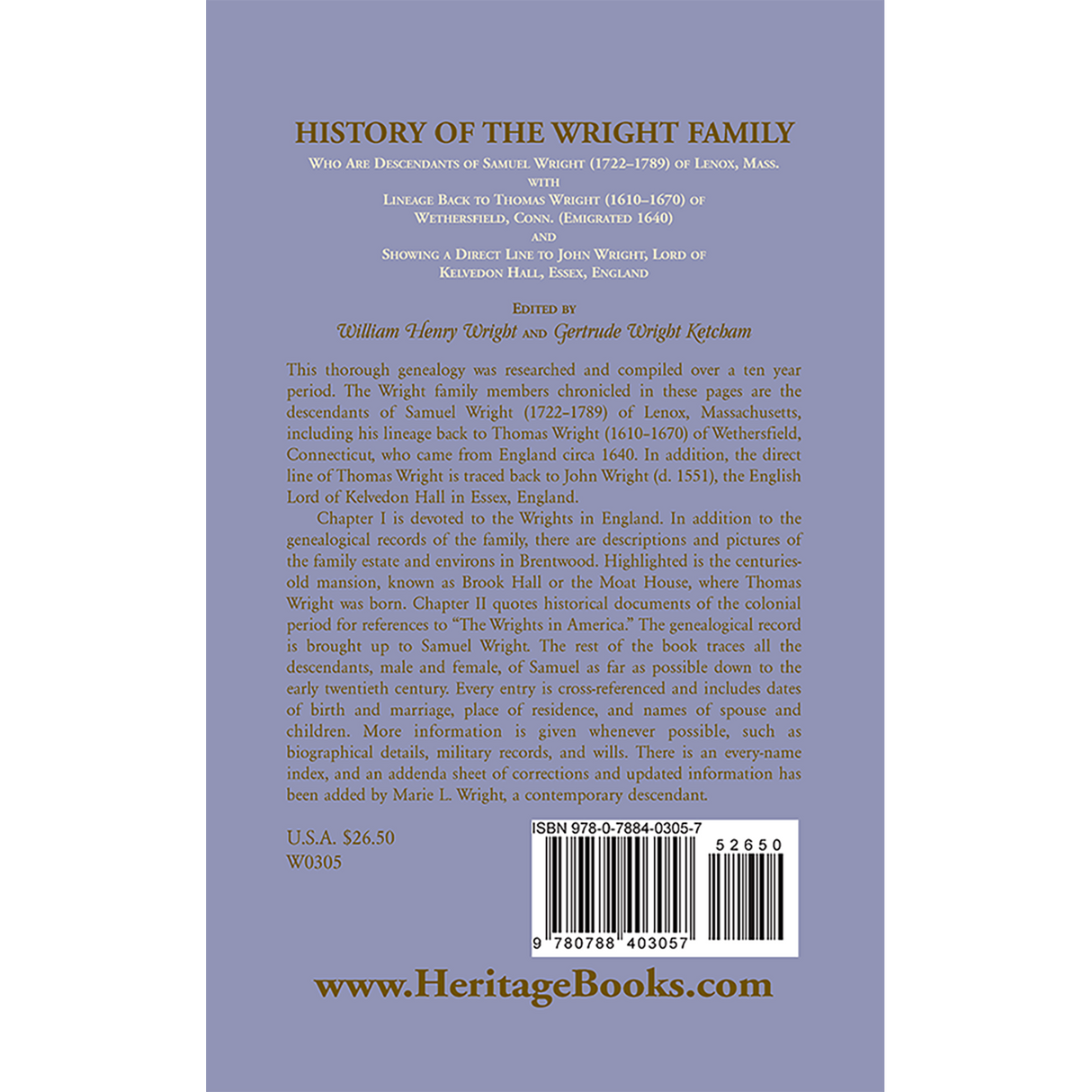 History of the Wright Family back cover