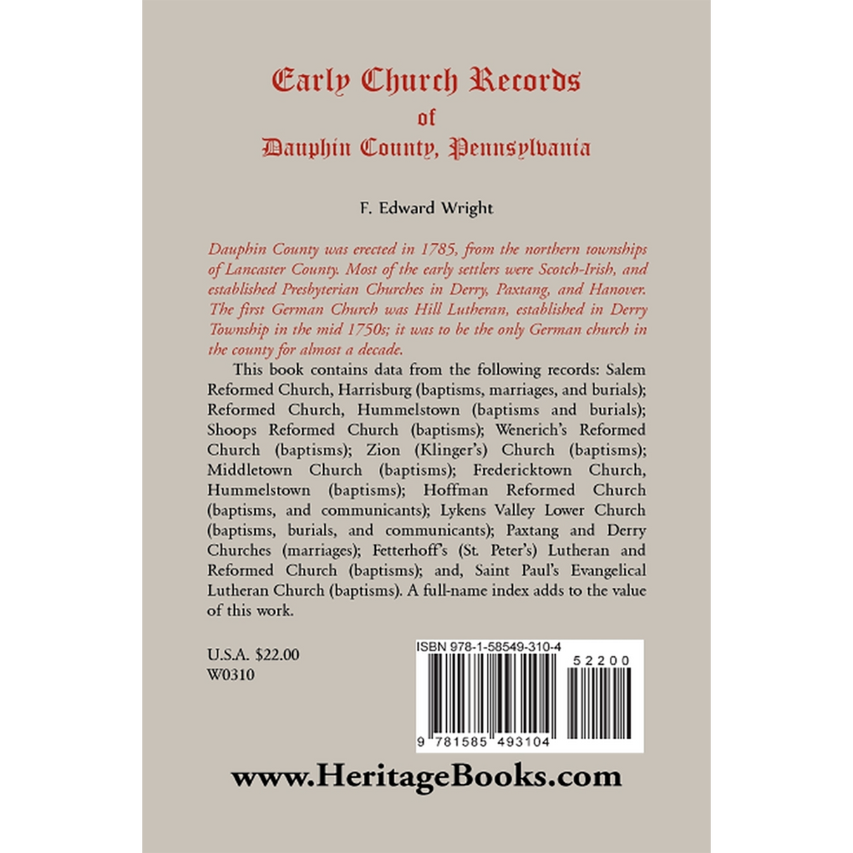 Early Church Records of Dauphin County, Pennsylvania back cover