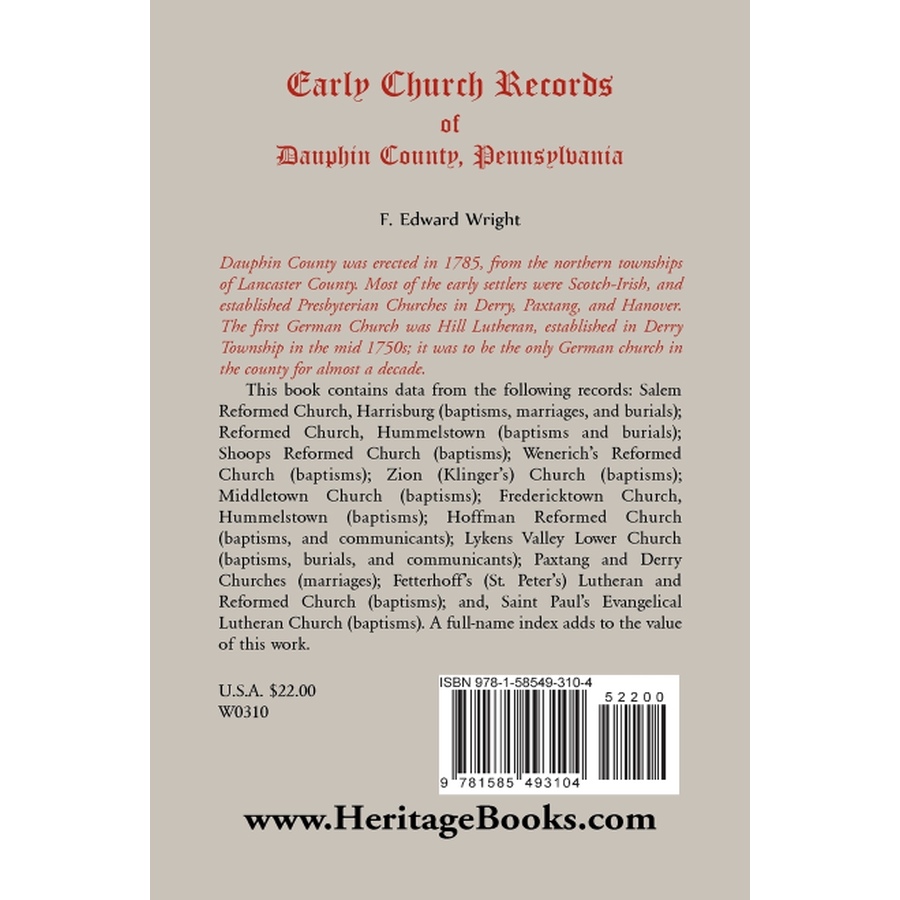 Early Church Records of Dauphin County, Pennsylvania back cover