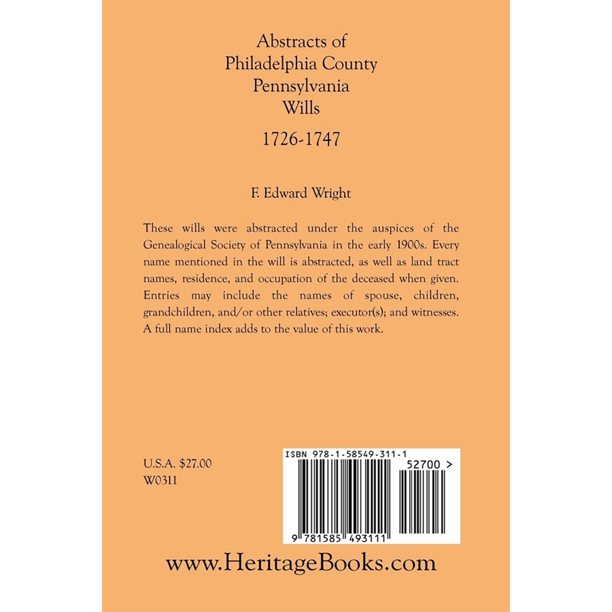 Abstracts of Philadelphia County, Pennsylvania Wills, 1726-1747 back cover