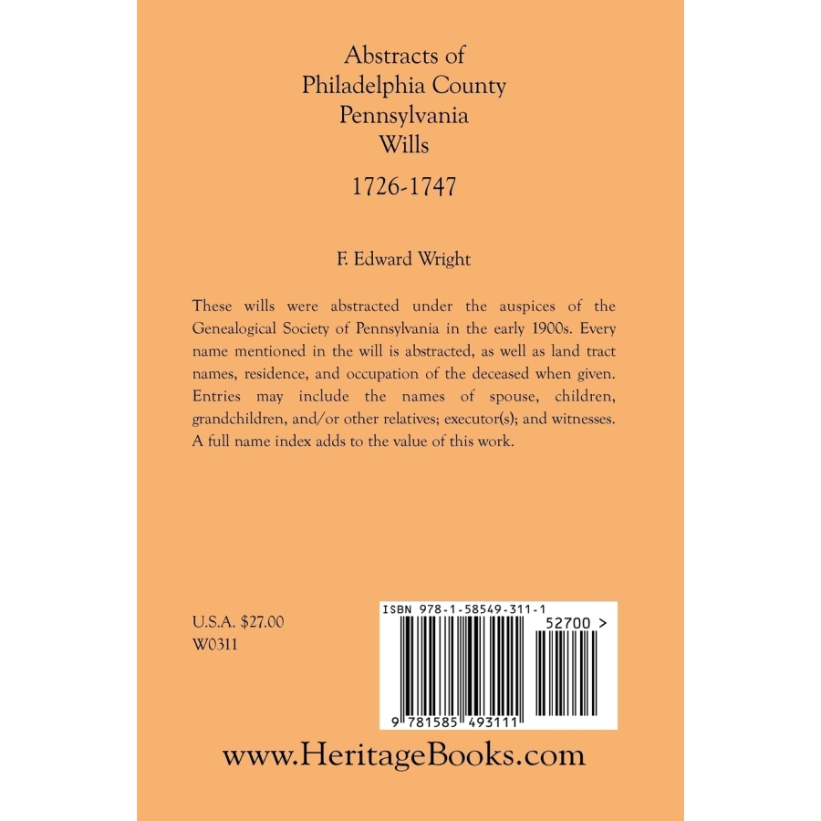 back cover of Abstracts of Philadelphia County, Pennsylvania Wills, 1726-1747