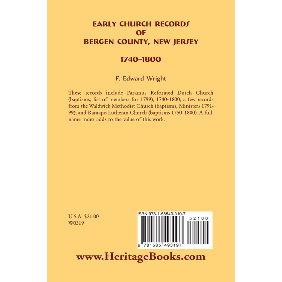 back cover of Early Church Records of Bergen County, New Jersey, 1740-1800