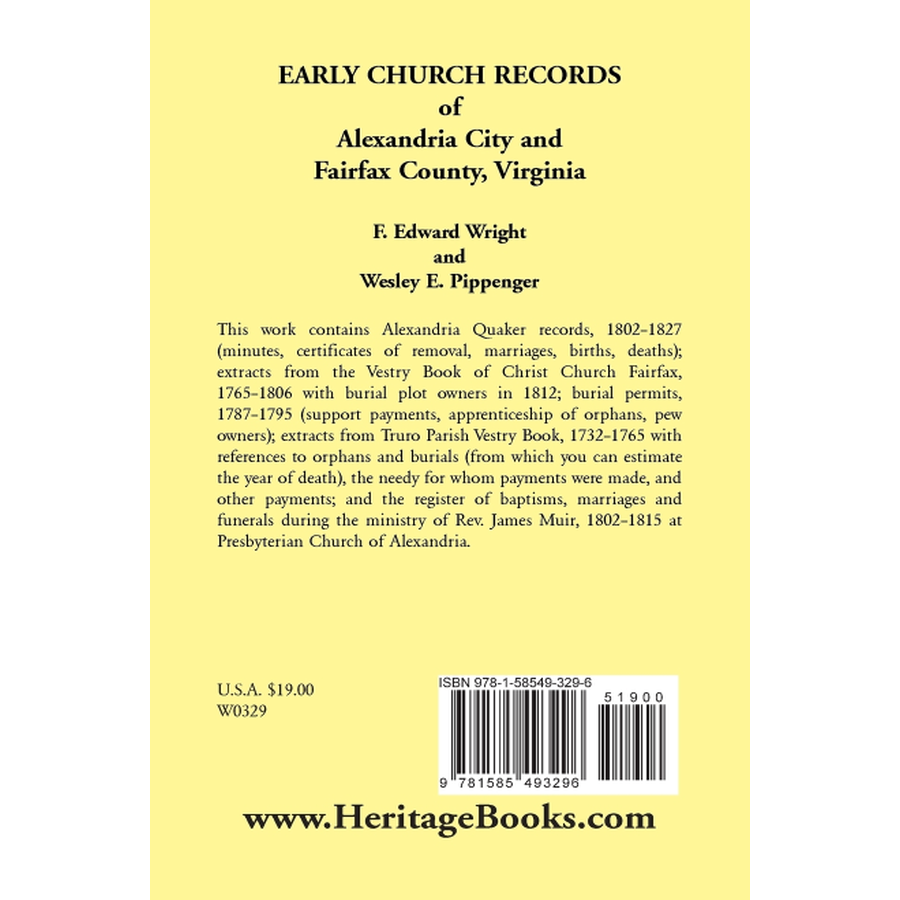 back cover of Early Church Records of Alexandria City and Fairfax County, Virginia